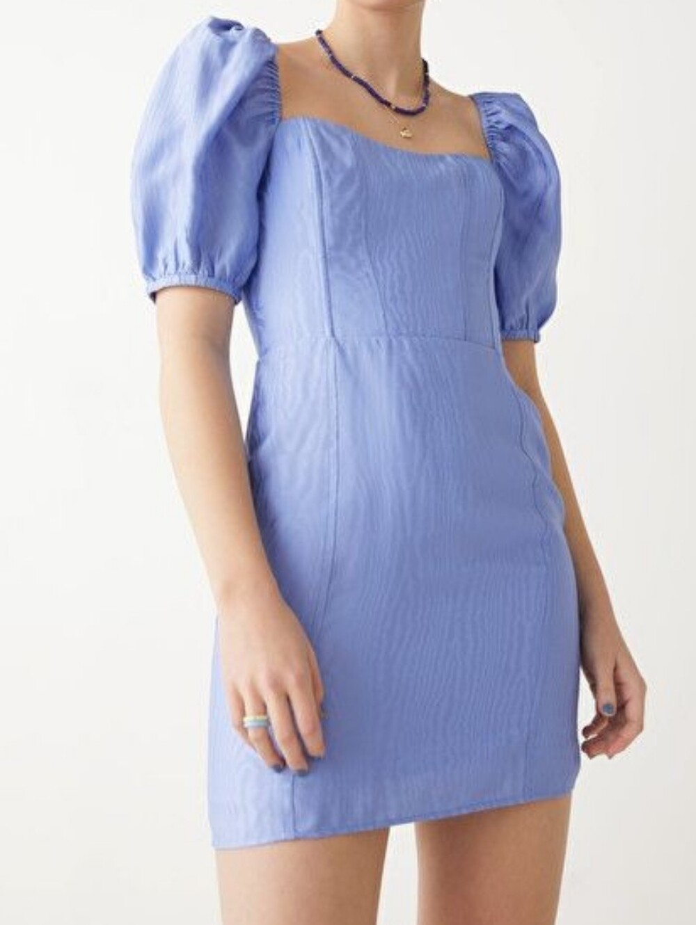 & Other Stories Puff Sleeve Jacquard Mini Dress Light Blue